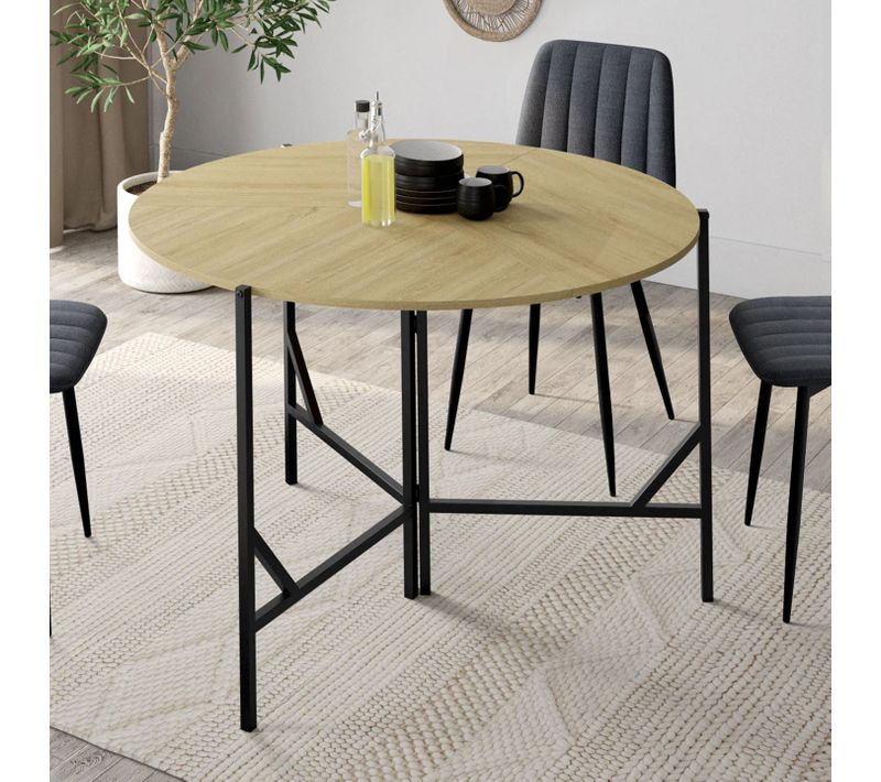 Table à Manger Pliante Ronde Yael 4 Personnes Bois Et Noir Design Industriel 110 Cm