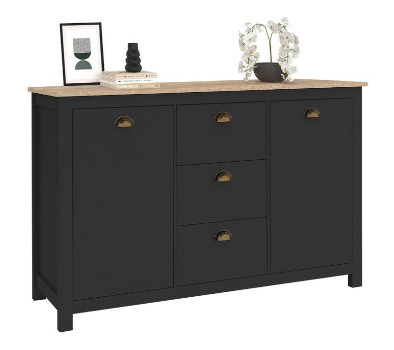Buffet 130 Cm Isis Campagne 2 Portes Et 3 Tiroirs Bois Et Noir
