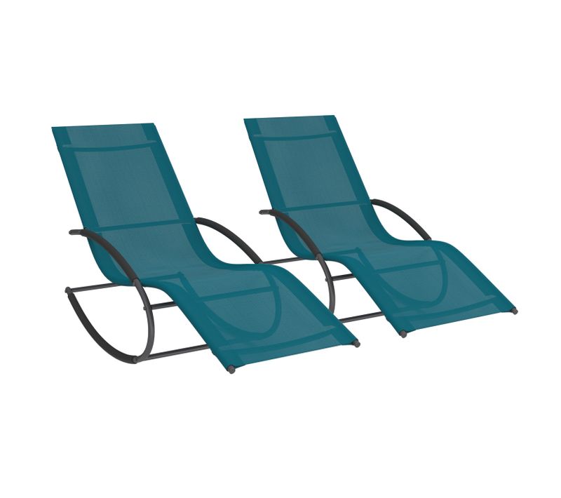 Lot De 2 Chaises Longues - Transat De Jardin à Bascule Malawi Gris Anthracite Et Toile Bleu Canard