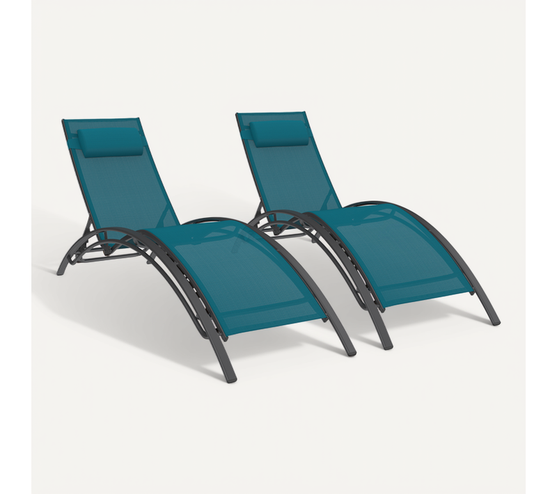 Lot De 2 Transats De Jardin Inclinables En Acier Havane Gris Anthracite Et Toile Bleu Canard Avec Co