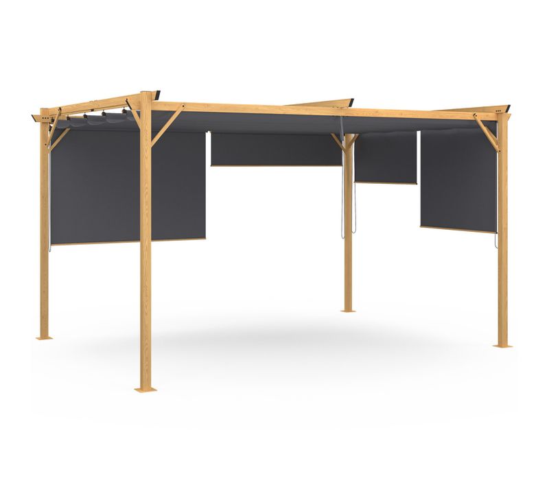 Pergola Édition Exclusive Effet Bois Toit Rétractable 3x4 M Et 4 Stores Gris Anthracite