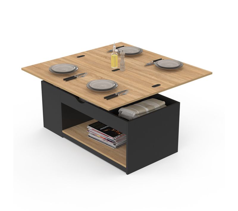 Table Basse Plateau Relevable Rectangulaire Convertible En Table à Manger Elea 100 Cm Bois Noir Et F