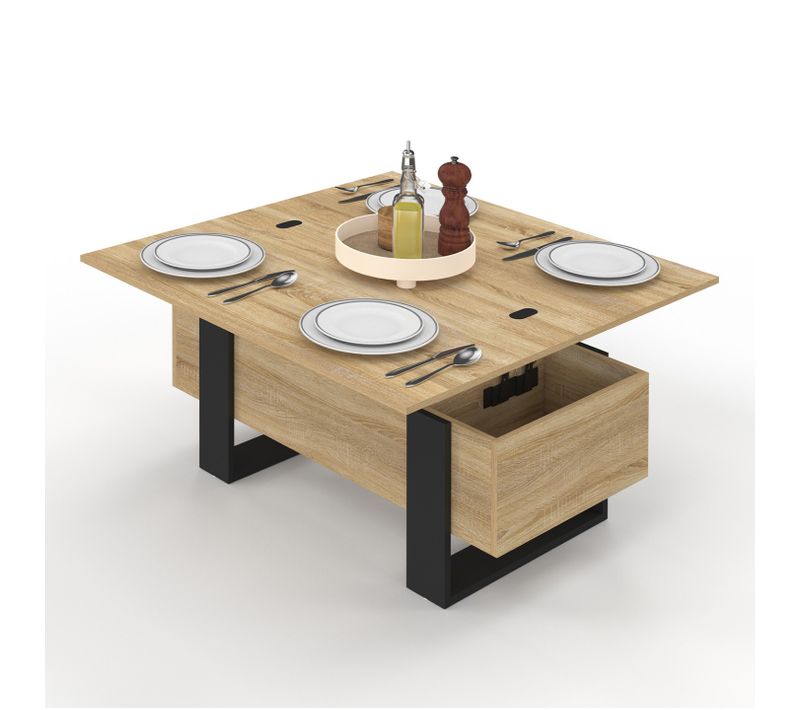 Table Basse Plateau Relevable Rectangulaire Convertible En Table à Manger Phoenix 97,5 Cm Bois Et No