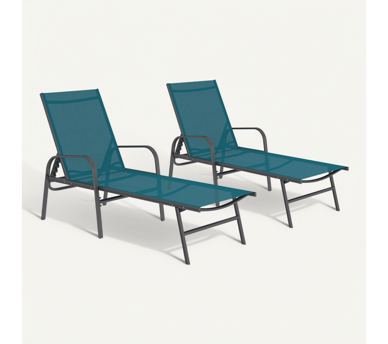 Lot De 2 Transats De Jardin Inclinables Fidji En Acier Gris Anthracite Et Toile Bleu Canard