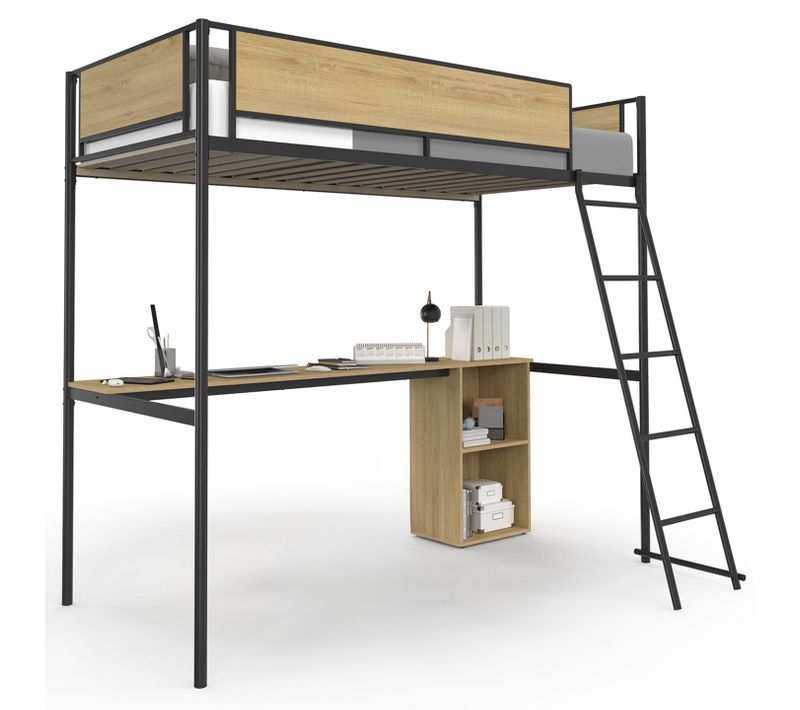 Lit Mezzanine Simple Detroit Avec Bureau Et Rangements 90 X 190 Cm Design Industriel