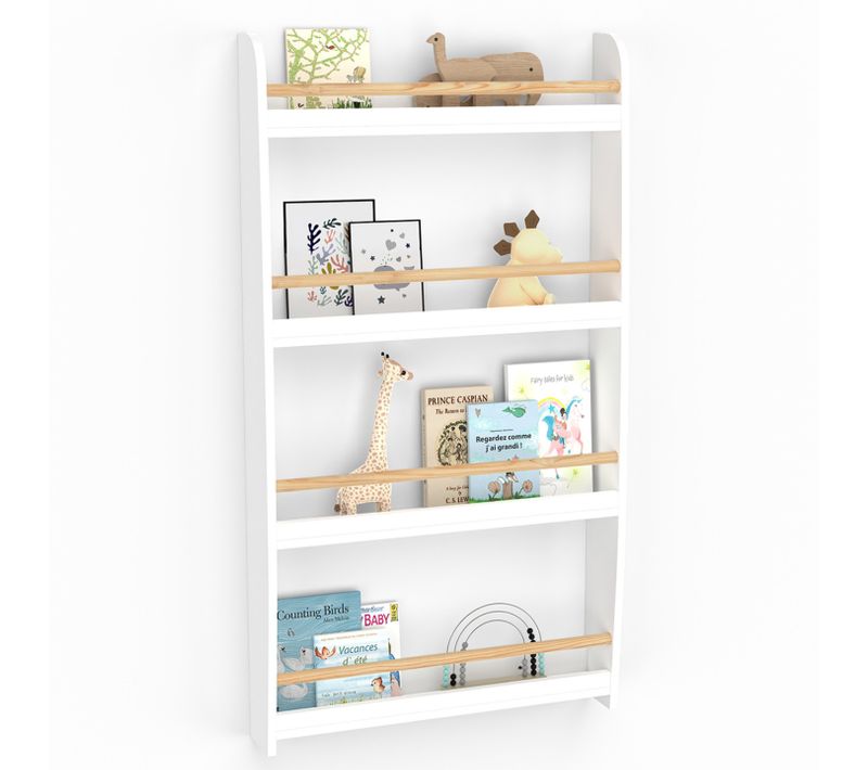 Bibliothèque Murale Enfant Paulette 4 Étagères Blanc Et Bois