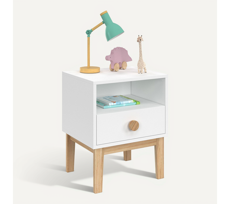 Table De Chevet Enfant Jacob 1 Tiroir + 1 Niche Blanc Et Bois