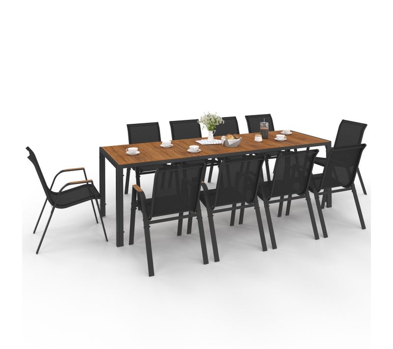 Salon De Jardin Noumea Table 240 Cm Plateau Verre Trempé Effet Bois Et 10 Chaises Empilables Noir Et