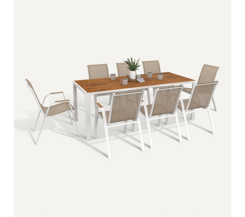 Salon De Jardin Noumea Table 190 Cm Plateau Verre Trempé Effet Bois Et 8 Chaises Empilables Blanc Et