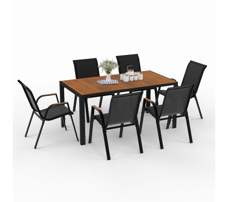 Salon De Jardin Noumea Table 150 Cm Plateau Verre Trempé Effet Bois Et 6 Chaises Empilables Noir Et