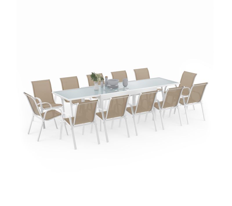 Salon De Jardin Madrid Table Extensible 135-270 Cm Et 12 Chaises Empilables Blanc Et Beige