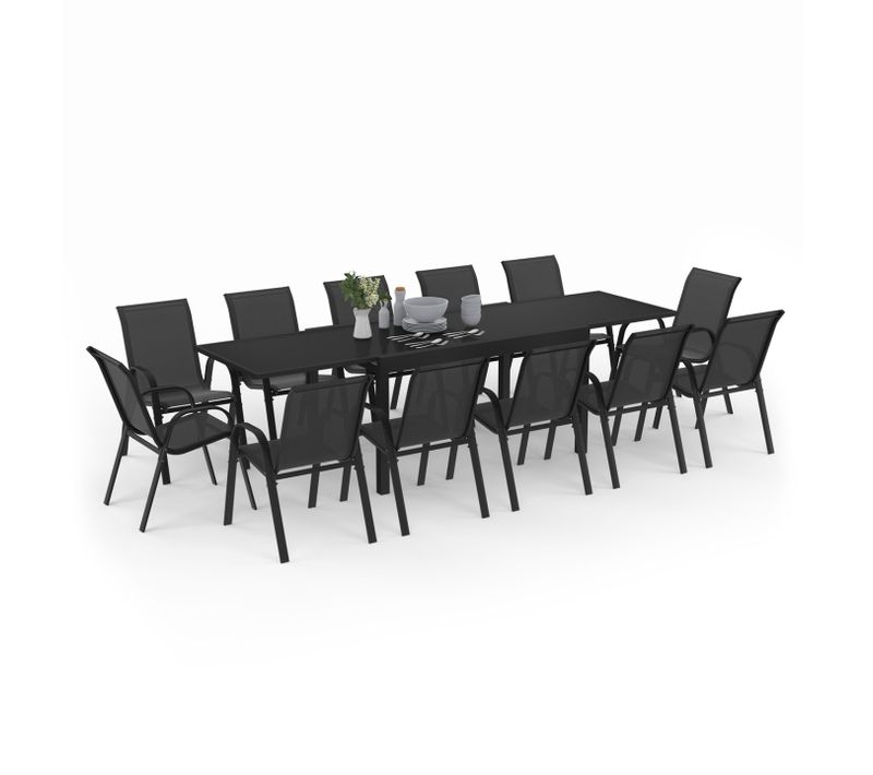 Salon De Jardin Madrid Table Extensible 135-270 Cm Et 12 Chaises Empilables Noir