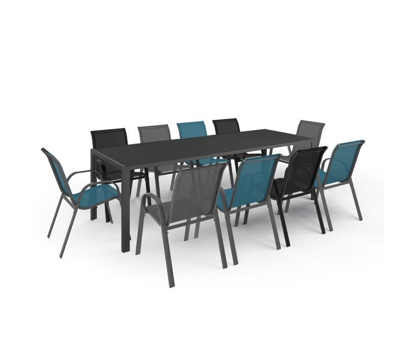 Salon De Jardin Madrid Table 240 Cm Et 10 Chaises Empilables Mix Color Bleu, Gris Et Noir