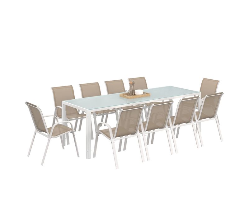 Salon De Jardin Madrid Table 240 Cm Et 10 Chaises Empilables Blanc Et Beige