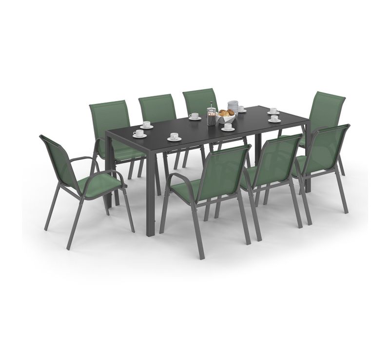 Salon De Jardin Madrid Table 190 Cm Et 8 Chaises Empilables Vert Olive