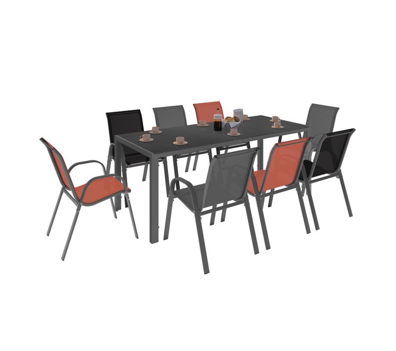 Salon De Jardin Madrid Table 190 Cm Et 8 Chaises Empilables Mix Color Gris, Noir Et Terracotta