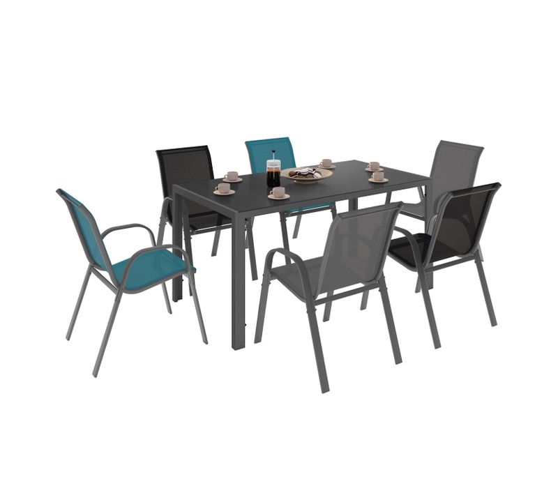 Salon De Jardin Madrid Table 150 Cm Et 6 Chaises Empilables Mix Color Gris, Noir Et Bleu