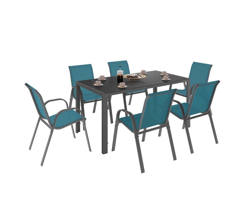 Salon De Jardin Madrid Table 150 Cm Et 6 Chaises Empilables Bleu Canard
