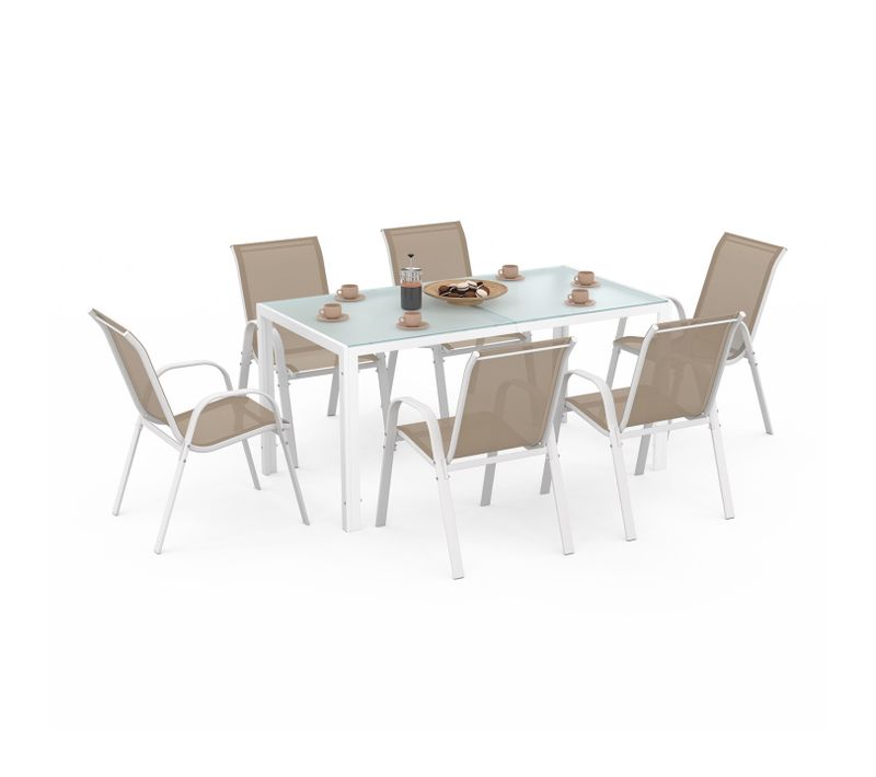 Salon De Jardin Madrid Table 150 Cm Et 6 Chaises Empilables Blanc Et Beige