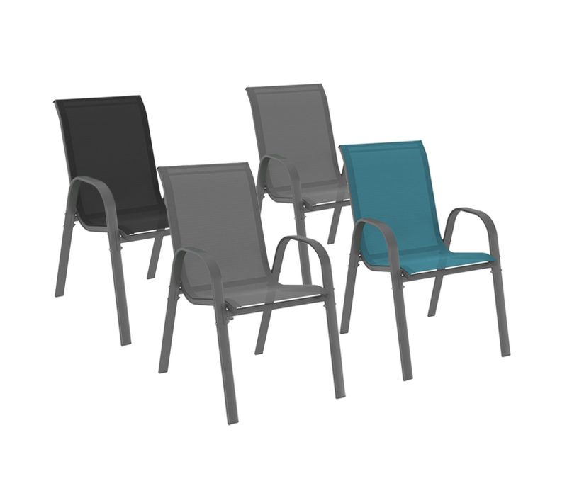 Lot De 4 Chaises De Jardin Lyma Métal Et Textilène Empilables Mix Color Gris, Noir Et Bleu