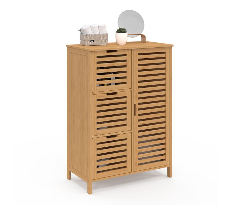 Meuble De Rangement Salle De Bain Bambou Bea 3 Tiroirs Avec Placard