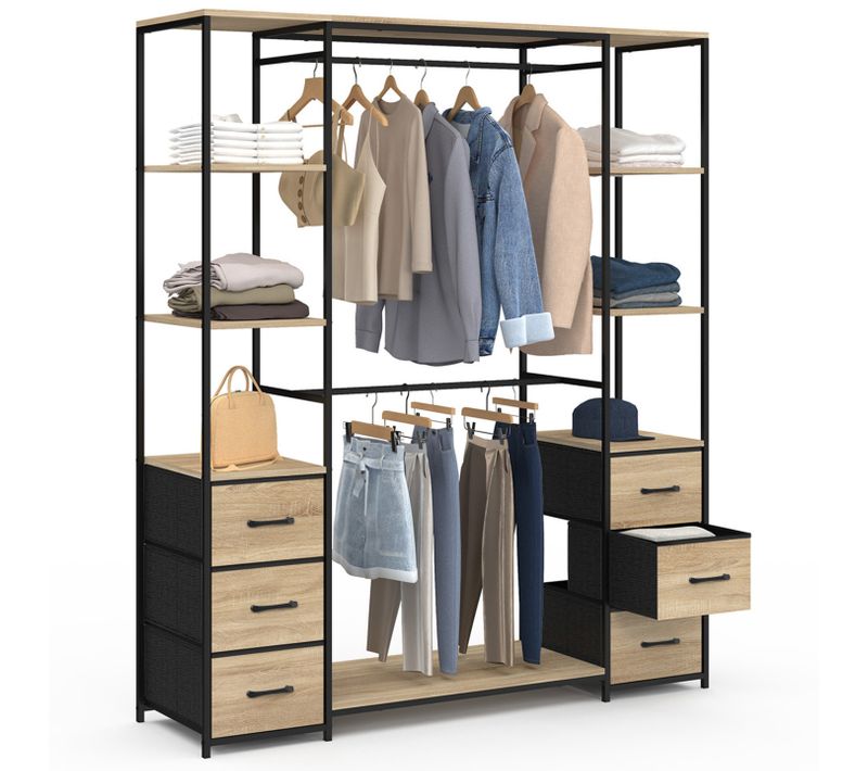 Dressing Double Penderie + Double Colonne L. 140 Cm Utah Avec 6 étagères Et 6 Bacs En Tissu Bois Et