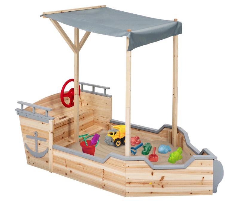 Bac à Sable World Bois Bateau De Pirate Avec Banc Coffre Et Toit Gris