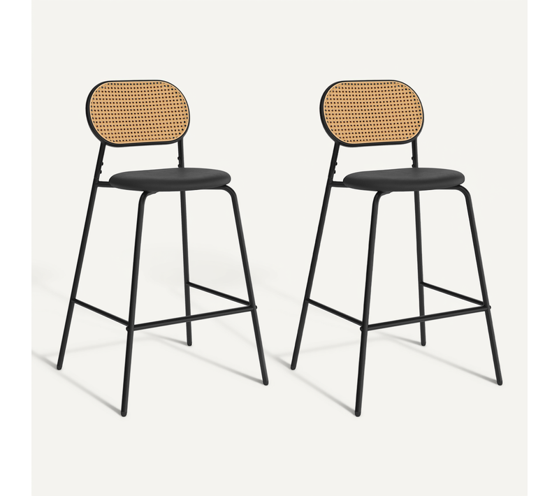 Lot De 2 Tabourets De Bar Vintage Clotilde En Métal Noir Et Dossier Cannage