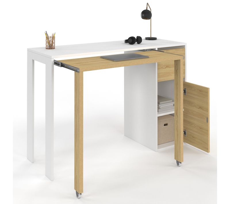 Bureau Extensible Ron Avec Colonne De Rangement Tiroir Et Placard Blanc Et Bois