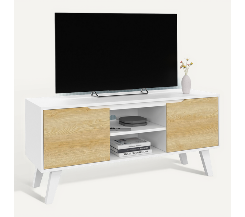 Meuble TV 110 Cm Finn Blanc 2 Portes Façon Hêtre