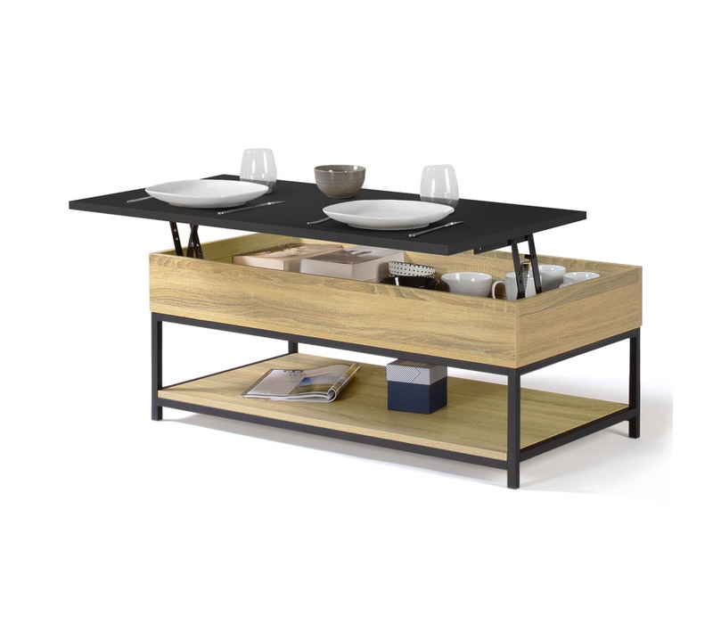 Table Basse Plateau Relevable Rectangulaire Boston 100 Cm Et Étagère Inférieure Design Industriel