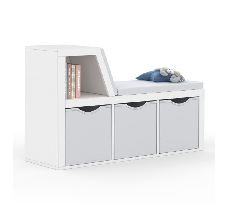 Bibliothèque Banc Oscar 4 Cases Avec Coussins Gris Et Bacs Tissus 102 Cm Blanc
