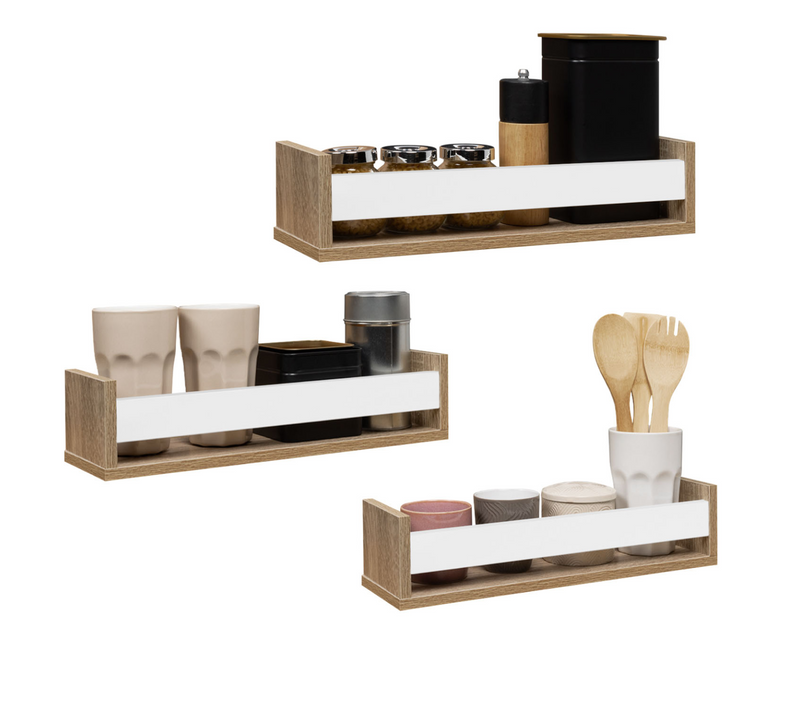 Lot De 3 étagères à épices Murales Jules Façon Hêtre Et Blanc