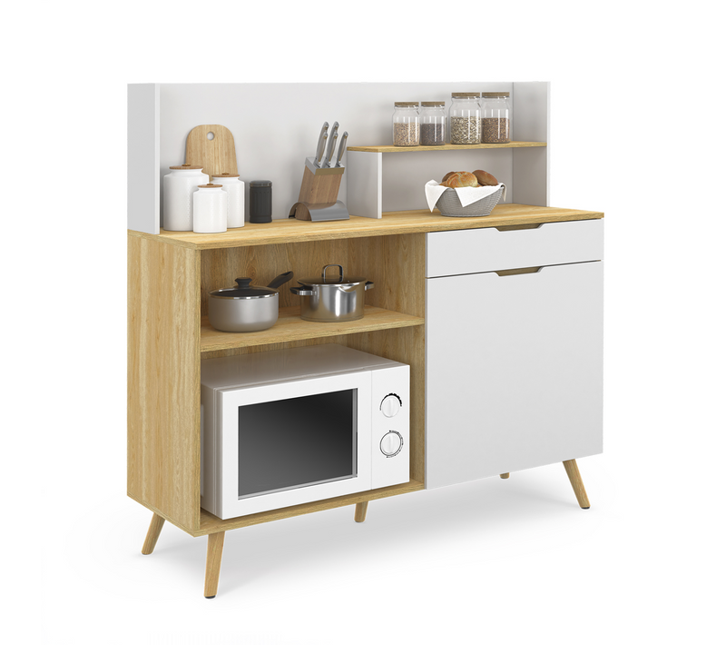 Buffet Bas De Cuisine 120 Cm Olaf Plan De Travail H.83 Cm 1 Porte + 1 Tiroir Façon Hêtre Et Blanc