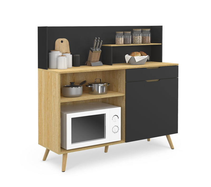 Buffet Bas De Cuisine 120 Cm Olaf Plan De Travail H.83 Cm 1 Porte + 1 Tiroir Façon Hêtre Et Noir