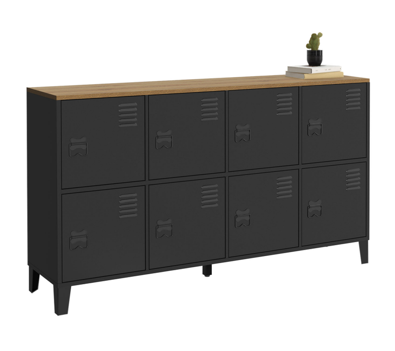Buffet Casier 139 Cm Ester 8 Portes En Métal Noir Plateau Bois Design Industriel