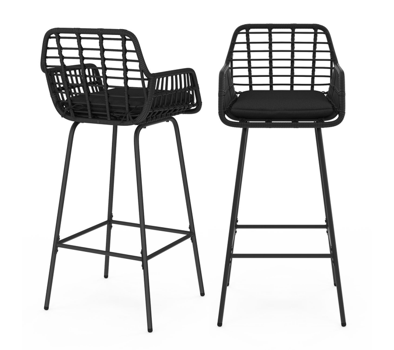 Lot De 2 Tabourets De Bar Summer Avec Accoudoirs Effet Rotin Noir Pied Métal Noir