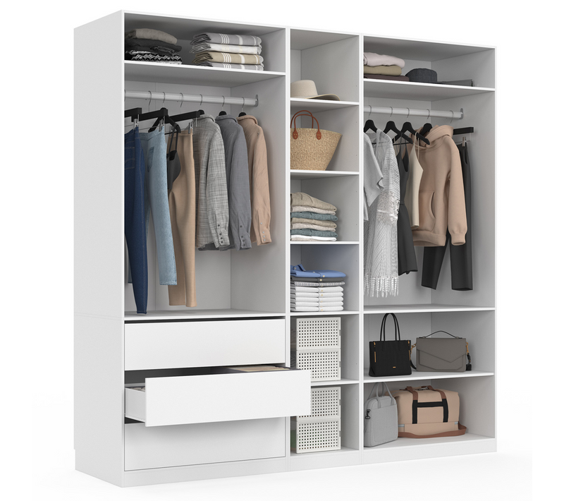 Dressing Modulable Taylor 200 X 55 X 200 Cm 3 Modules Avec Penderies + Étagères + Tiroirs Blanc