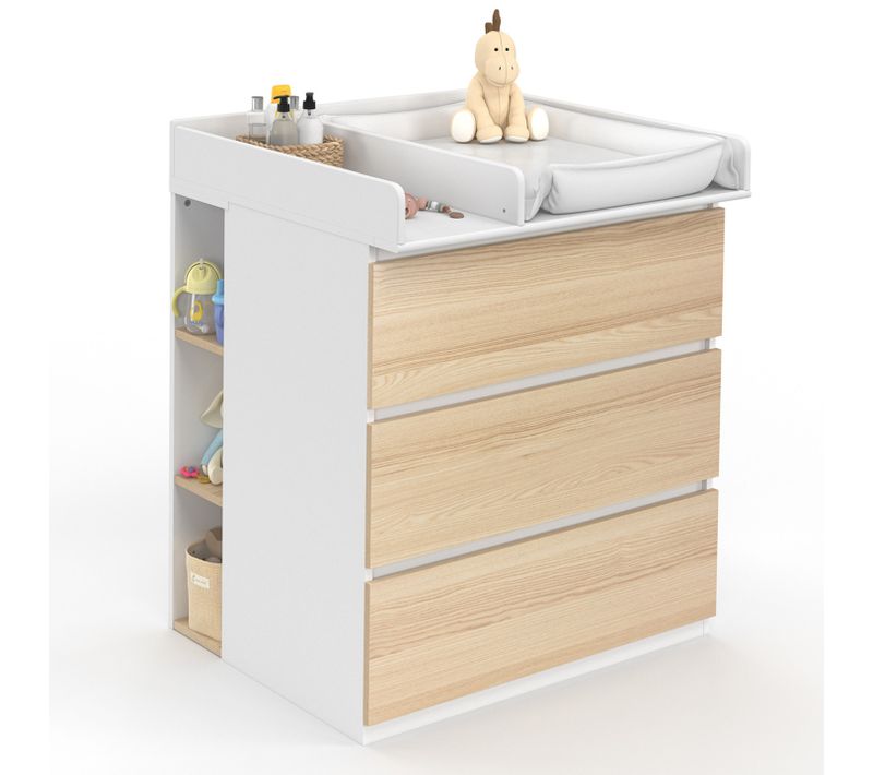 Commode à Langer Évolutive Ambre Façon Hêtre Et Blanc 3 Tiroirs Table à Langer Et 2 Étagères Amovibl