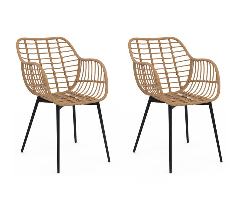 Lot De 2 Chaises De Salle à Manger, Fauteuils De Table Summer Effet Rotin Pied Métal Noir