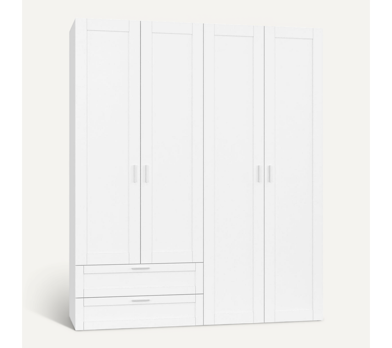Armoire 4 Portes Vito Blanc Penderie 160 Cm Avec 2 Tiroirs Et étagères