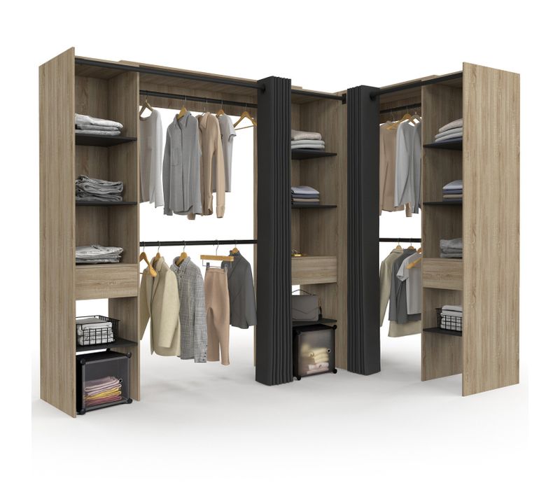 Dressing Extensible D'angle Marlon 230 X 140 X 180 Cm Cm Hêtre Avec Penderies + Étagères + Rideaux N