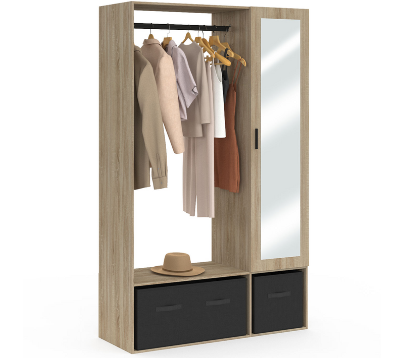 Dressing Penderie Berenice 105 X 40 X 172 Cm Hêtre Avec Étagères + Boites De Rangement Noires + Miro