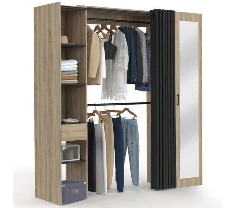 Dressing Extensible Meryl 145/170 X 50 X 180 Cm Hêtre Avec Étagères + Double Penderie + Miroir + Rid