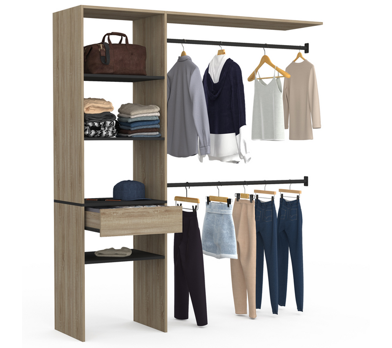 Kit Dressing Meline 160 X 40 X 180 Cm Hêtre Avec Étagères Noires + Tiroir + Double Penderie