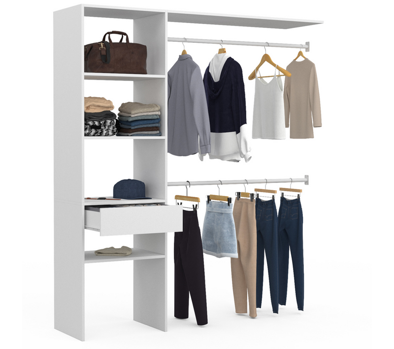 Kit Dressing Meline 160 X 40 X 180 Cm Blanc Avec Étagères + Tiroir + Double Penderie