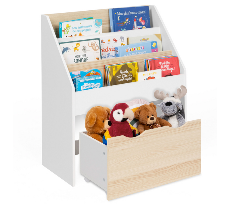 Meuble De Rangement Bibliothèque Enfant Mana 3 Étagères Et 1 Bac Sur Roulettes Blanc Et Hêtre