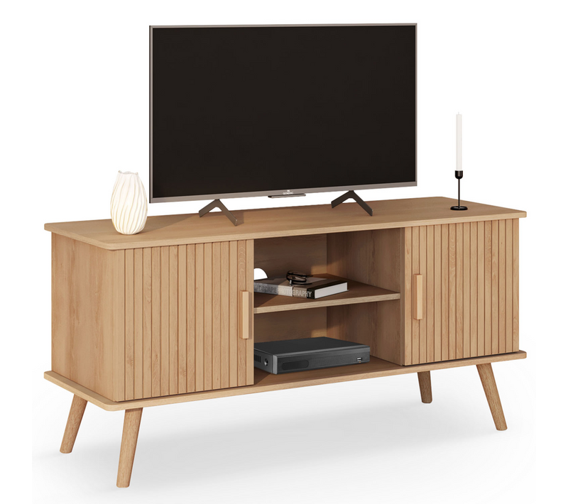 Meuble TV 110 Cm Juliette 2 Portes Lattes Tasseau Bois Coloris Chêne