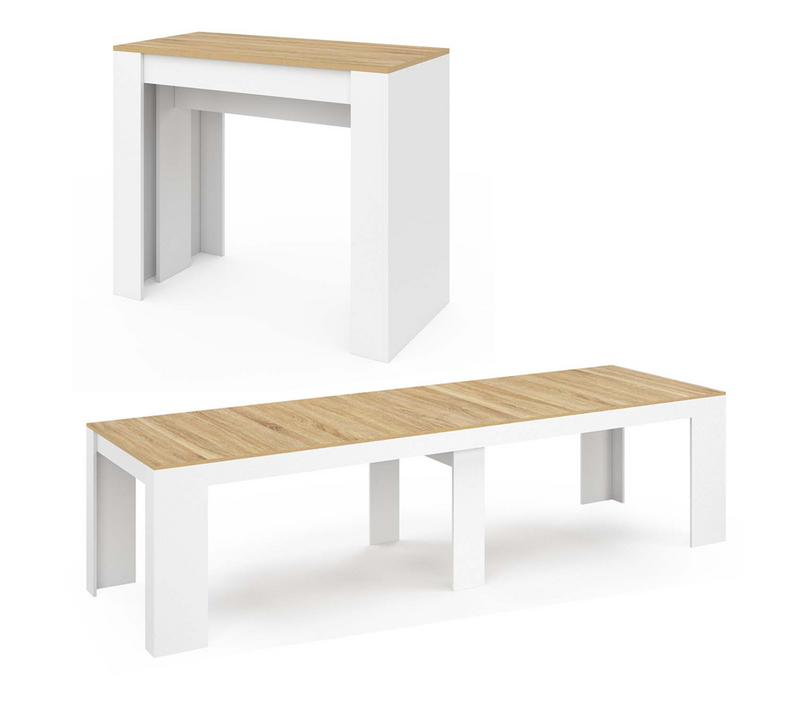 Table Console Extensible Orlando 14 Personnes 300 Cm Blanc Et Façon Hêtre