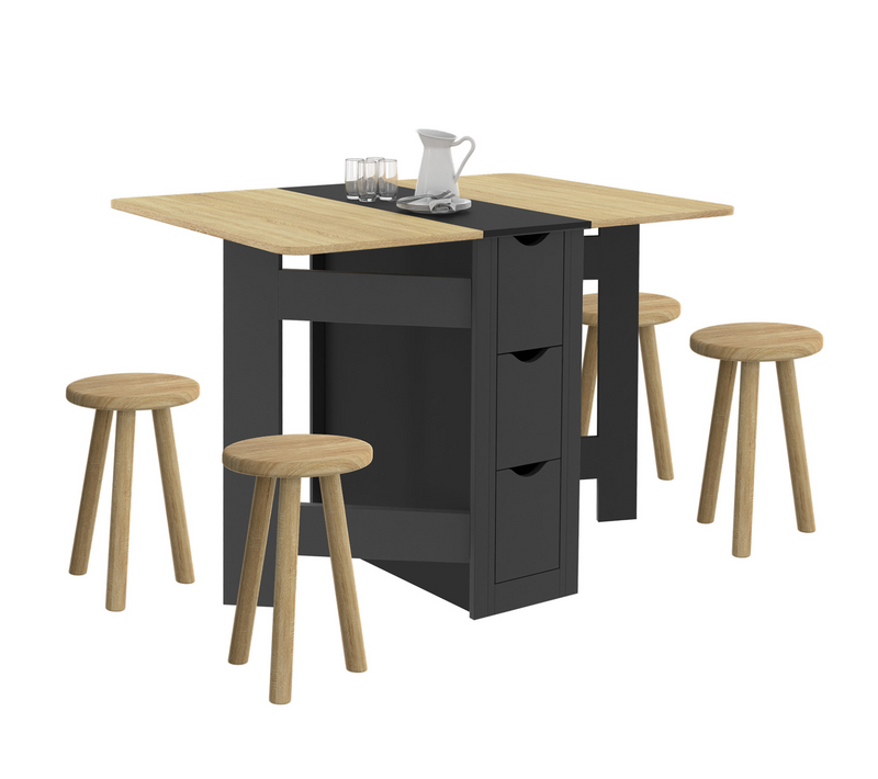 Table Console Pliable Edi 2-4 Personnes Avec 3 Tiroirs Noirs Plateau Façon Hêtre 103 X 76 Cm